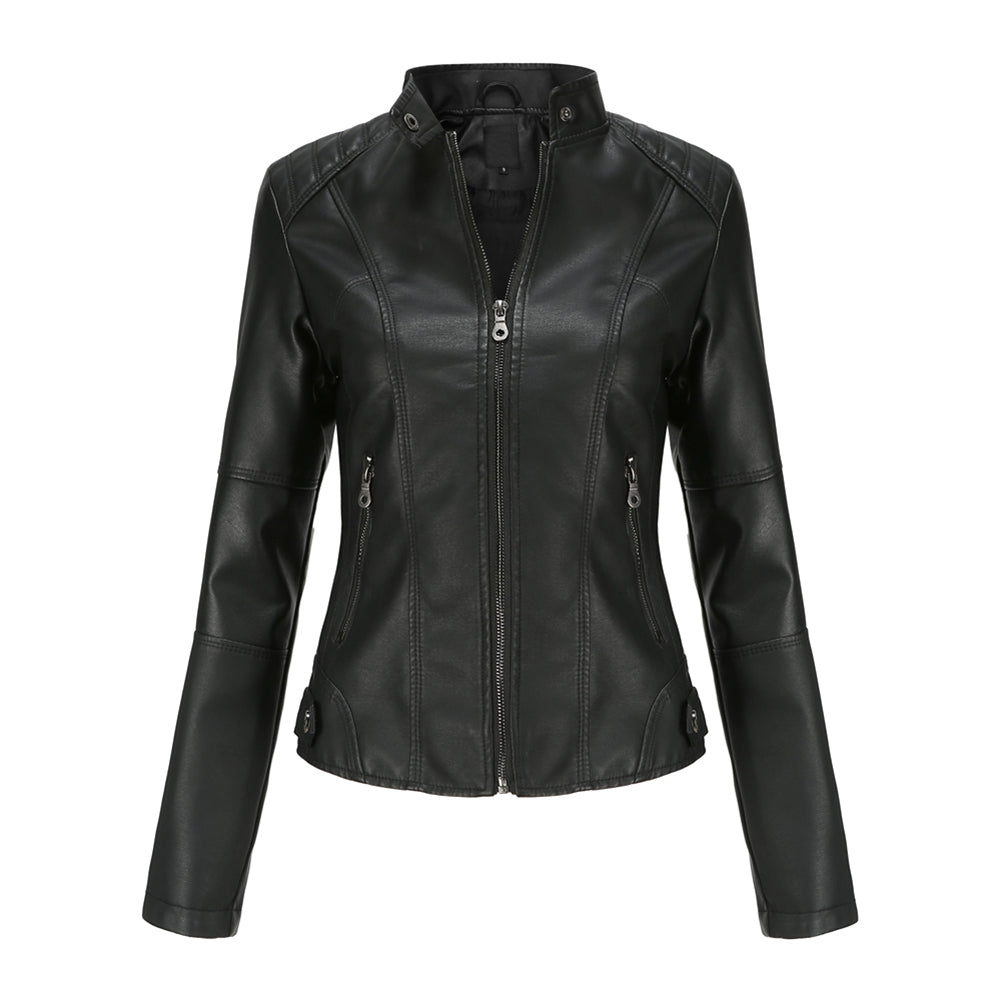 AZoiNM Women's Slim Fit Motorcycle Jacket PU Leather Stand Collar Zipper Front