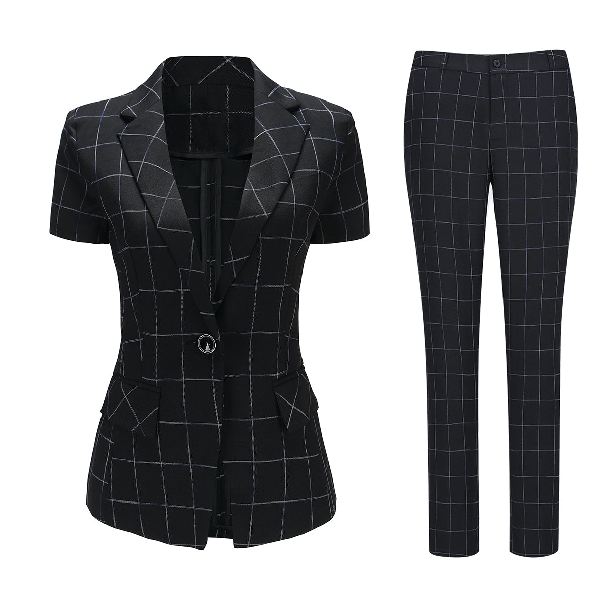 AZoiNM Women's Checkered Suit Set One Button Blazer Short Sleeve Tapered Pants
