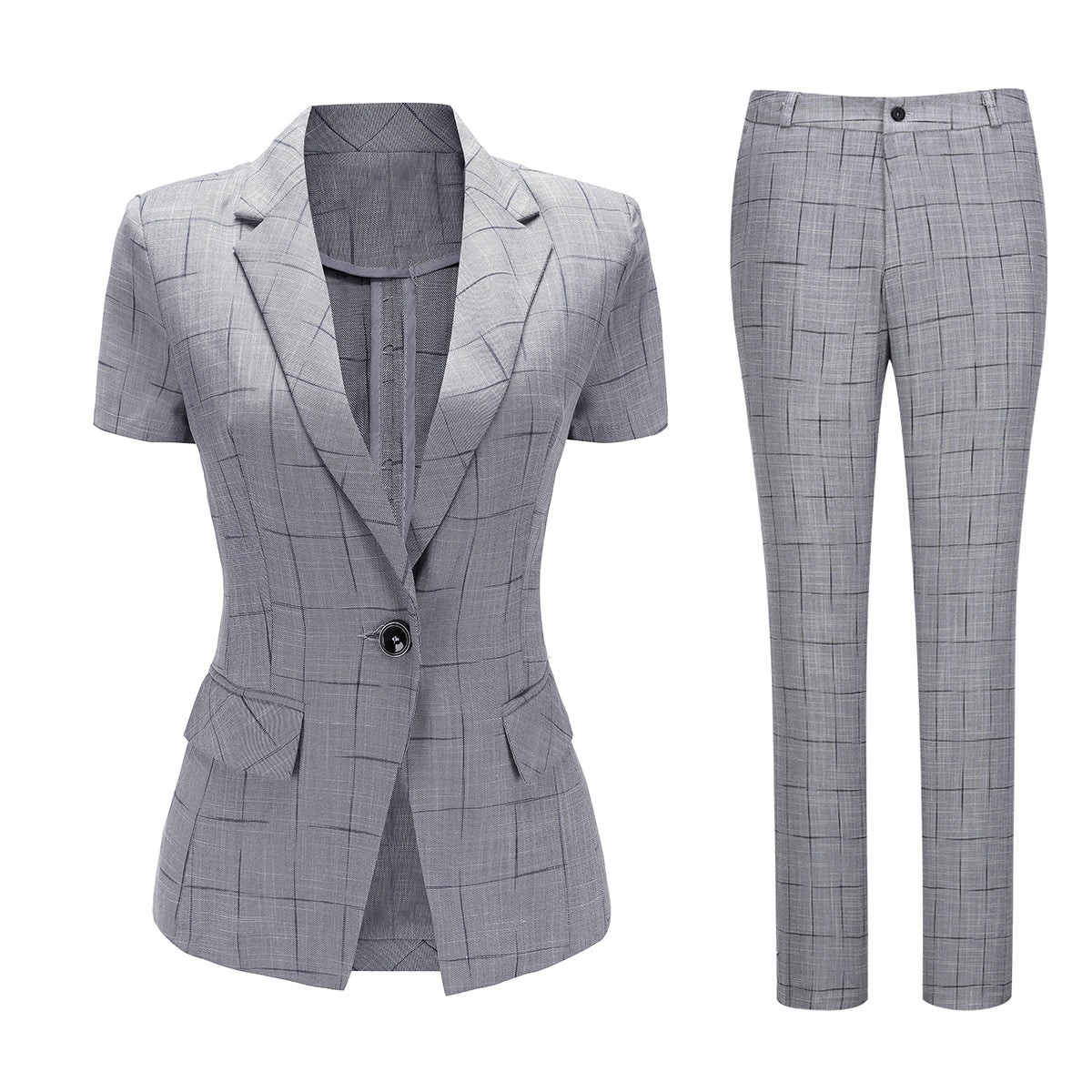 AZoiNM Women's Checkered Suit Set One Button Blazer Short Sleeve Tapered Pants
