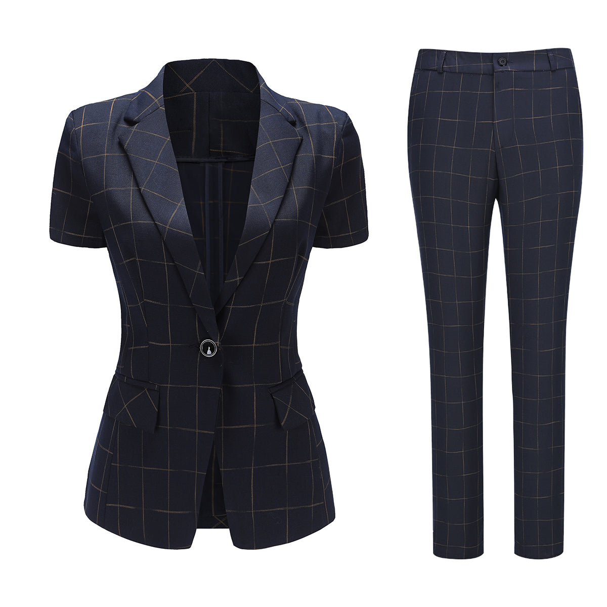 AZoiNM Women's Checkered Suit Set One Button Blazer Short Sleeve Tapered Pants