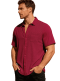 AZoiNM Men's Casual Knit Short Sleeve Button Down Shirt, Textured Jacquard Loose Fit Turn-Down Collar Summer Top with Chest Pocket