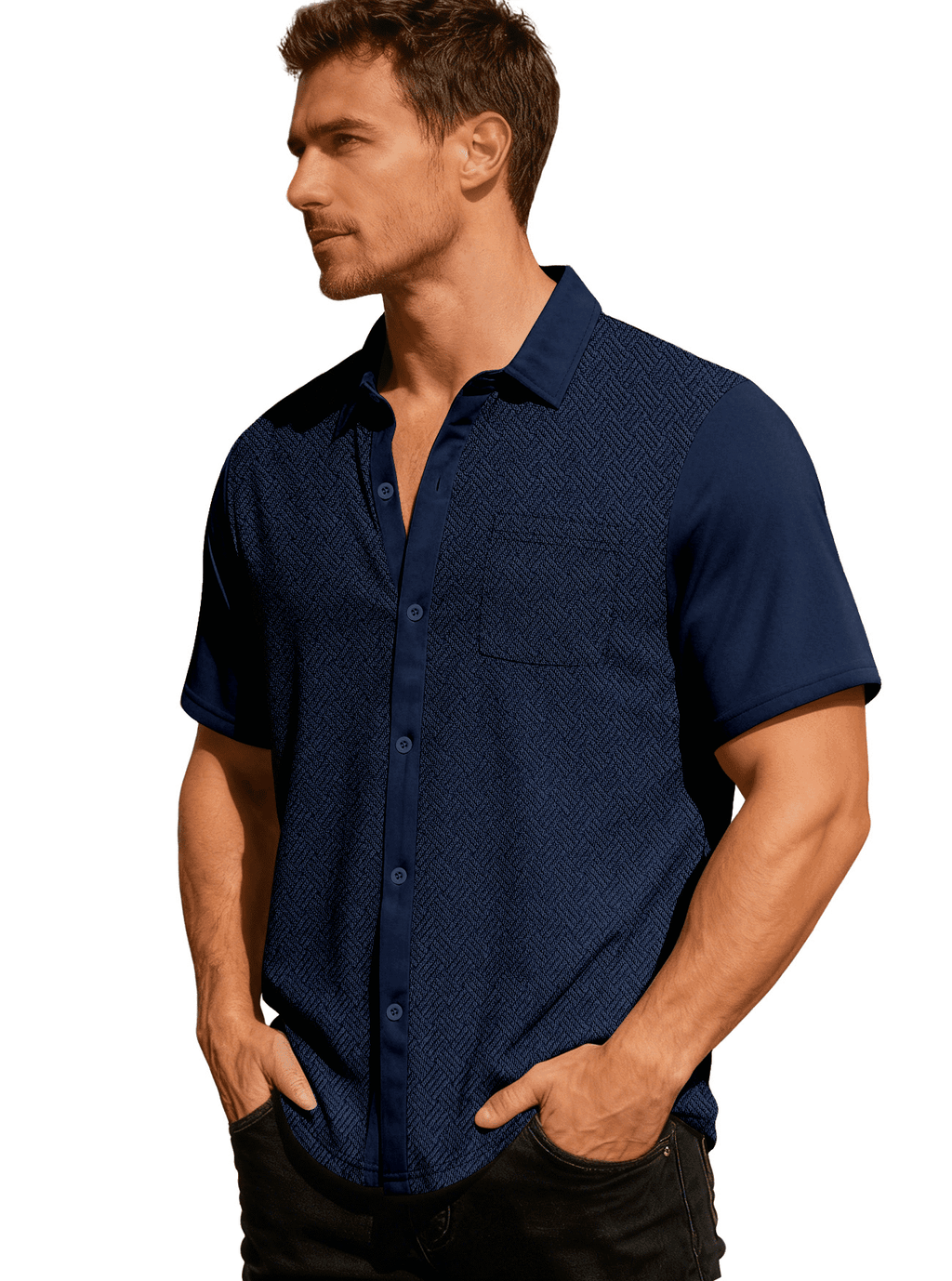 AZoiNM Men's Casual Knit Short Sleeve Button Down Shirt, Textured Jacquard Loose Fit Turn-Down Collar Summer Top with Chest Pocket