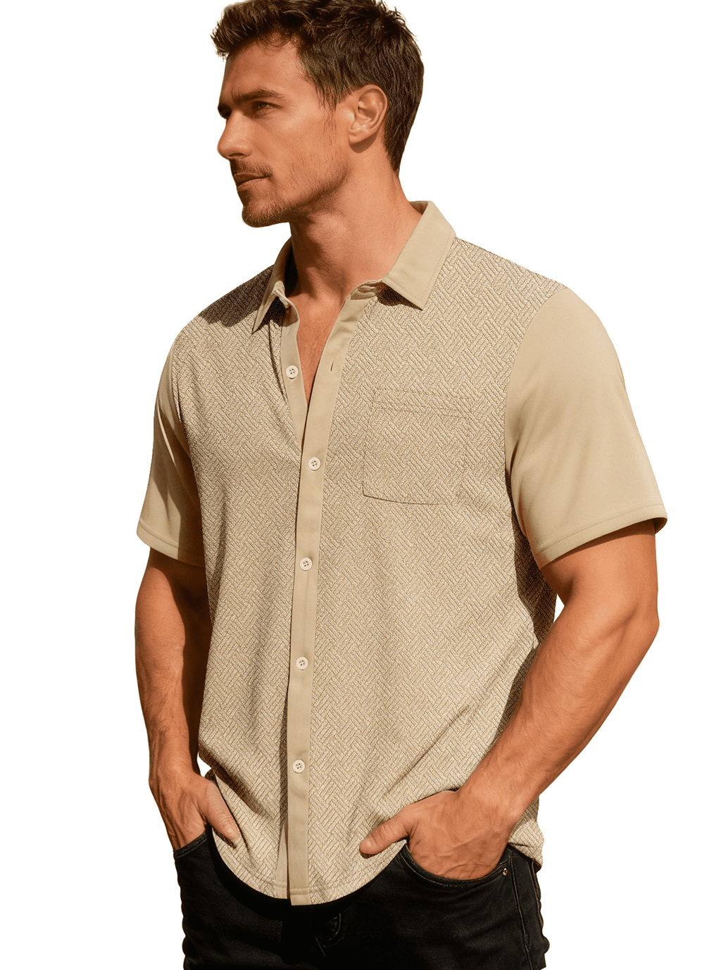 AZoiNM Men's Casual Knit Short Sleeve Button Down Shirt, Textured Jacquard Loose Fit Turn-Down Collar Summer Top with Chest Pocket