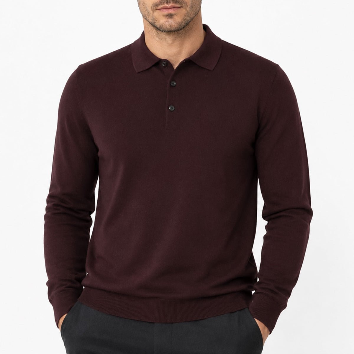 AZoiNM Men's Long Sleeve V-Neck Knit Polo Sweater, Soft Solid Color Pullover Sweater with 3-Button Placket, Ribbed Cuffs and Hem, Business Casual Sweater for Work and Daily Wear