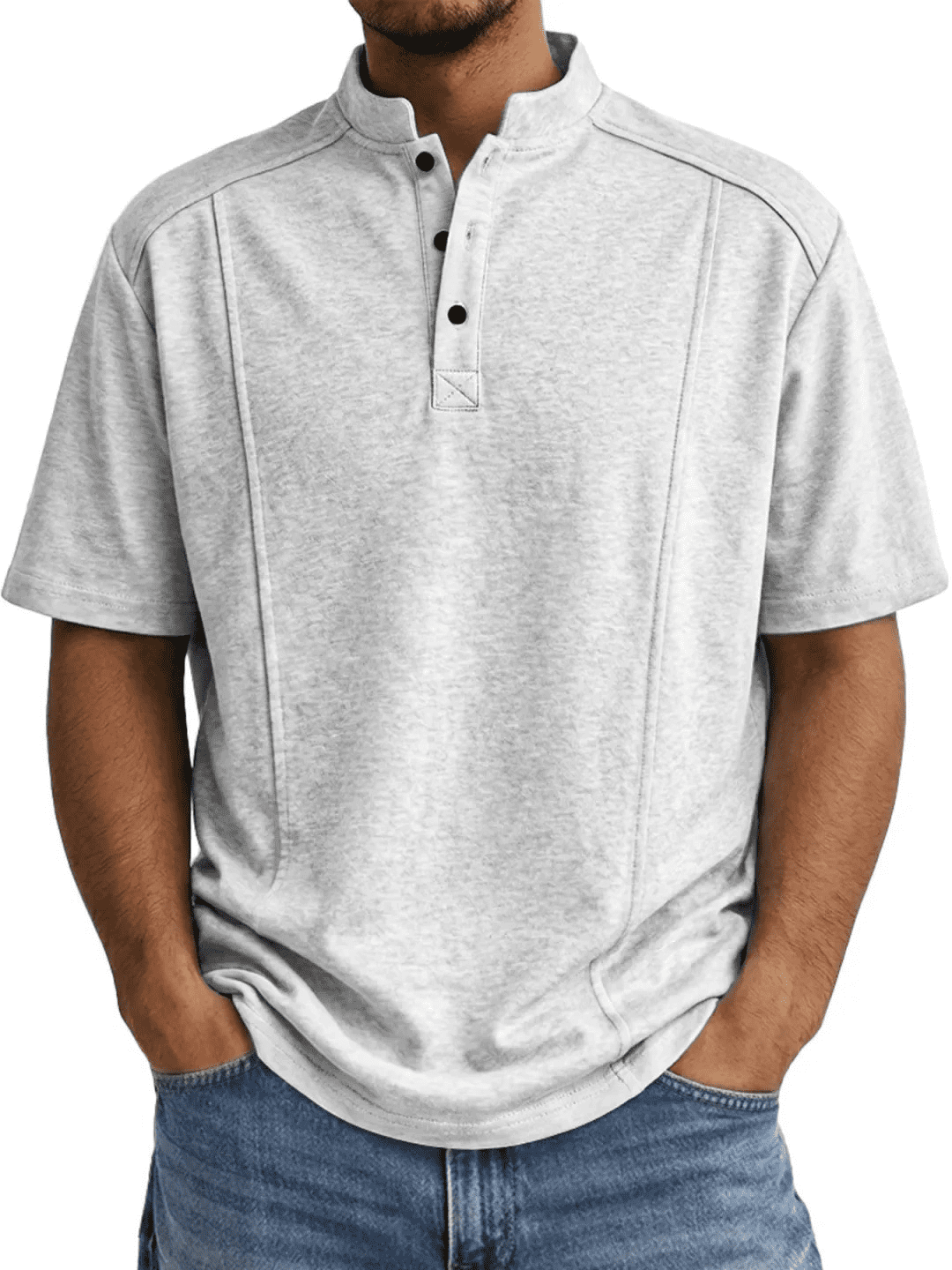 AZoiNM Men's Relaxed Fit Henley Polo Shirt, Short Sleeve Band Collar Top with Contrast Topstitching, Casual Curved Hem Shirt for Men, Sizes S-5XL