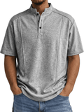 AZoiNM Men's Relaxed Fit Henley Polo Shirt, Short Sleeve Band Collar Top with Contrast Topstitching, Casual Curved Hem Shirt for Men, Sizes S-5XL
