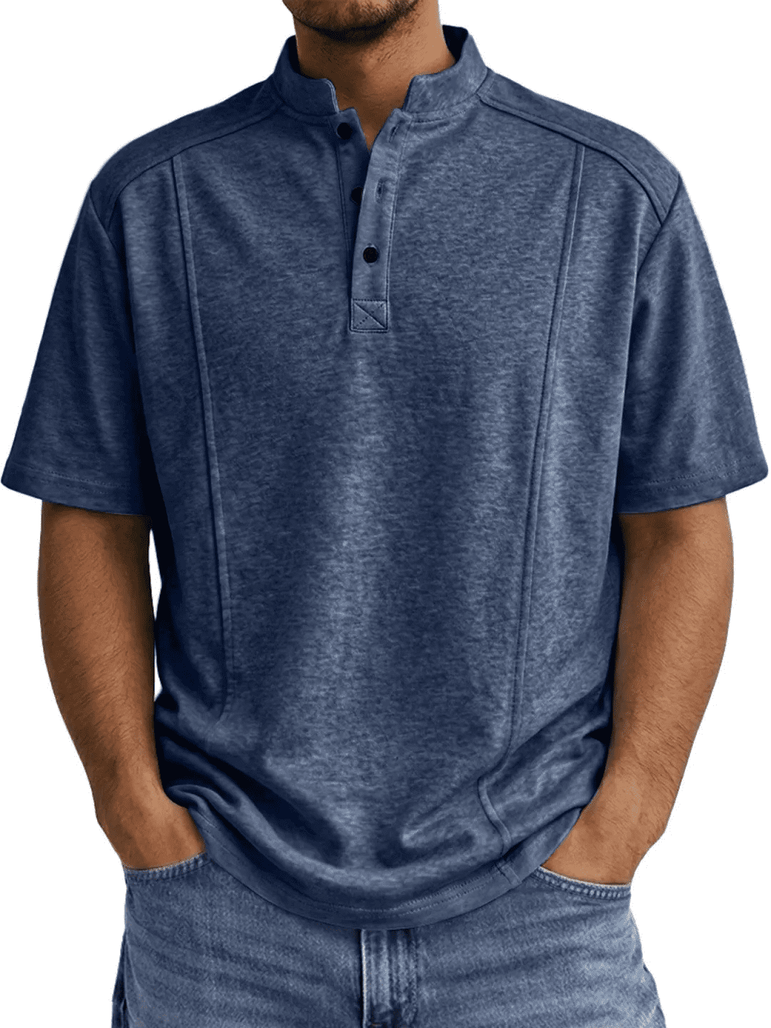 AZoiNM Men's Relaxed Fit Henley Polo Shirt, Short Sleeve Band Collar Top with Contrast Topstitching, Casual Curved Hem Shirt for Men, Sizes S-5XL