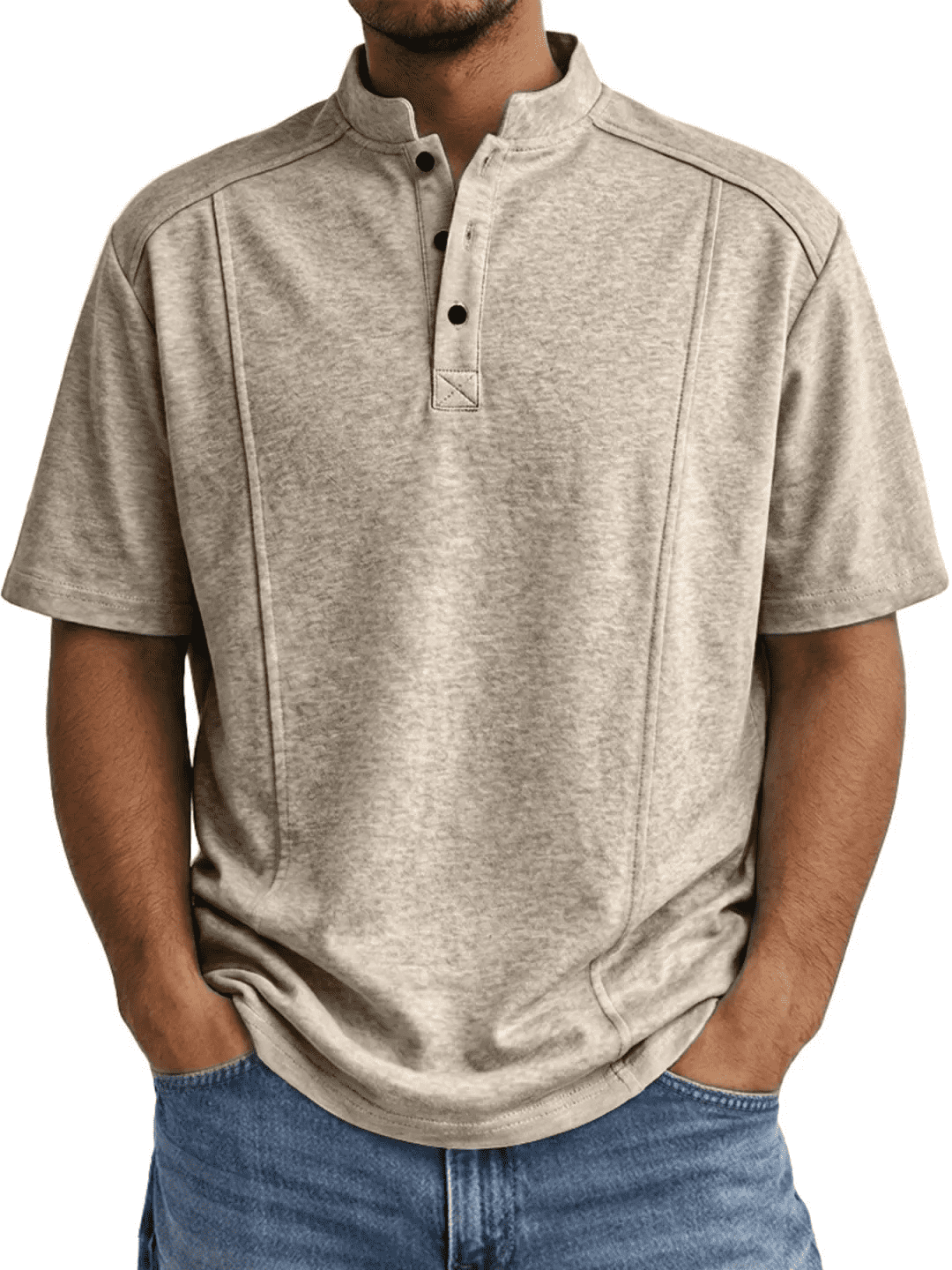 AZoiNM Men's Relaxed Fit Henley Polo Shirt, Short Sleeve Band Collar Top with Contrast Topstitching, Casual Curved Hem Shirt for Men, Sizes S-5XL