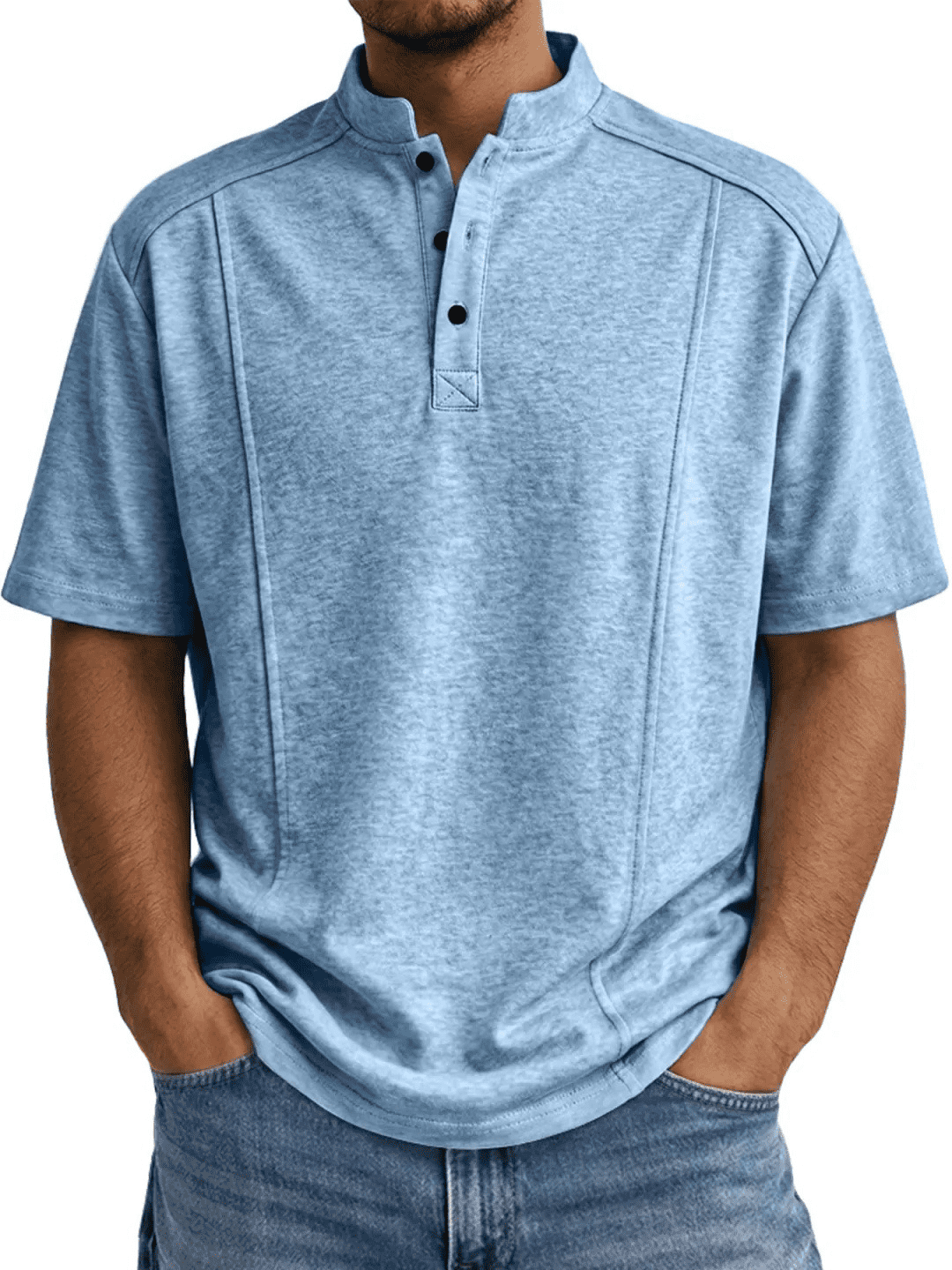 AZoiNM Men's Relaxed Fit Henley Polo Shirt, Short Sleeve Band Collar Top with Contrast Topstitching, Casual Curved Hem Shirt for Men, Sizes S-5XL