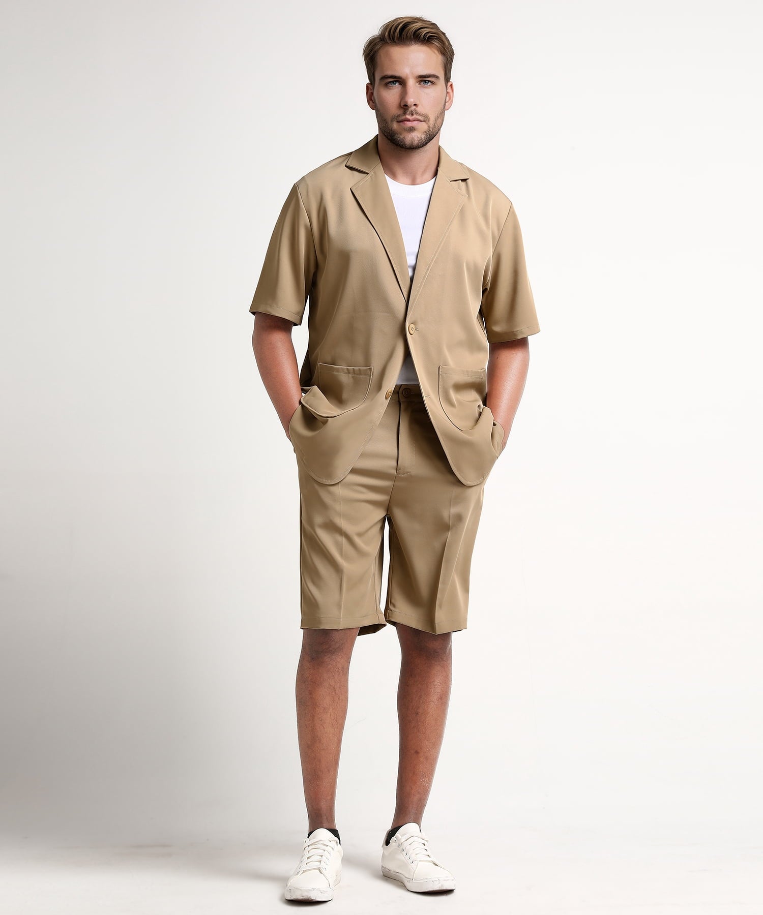 AZoiNM Men's Short Sleeve Shorts Suit Set Summer Two Button Notch Lapel Loose Fit