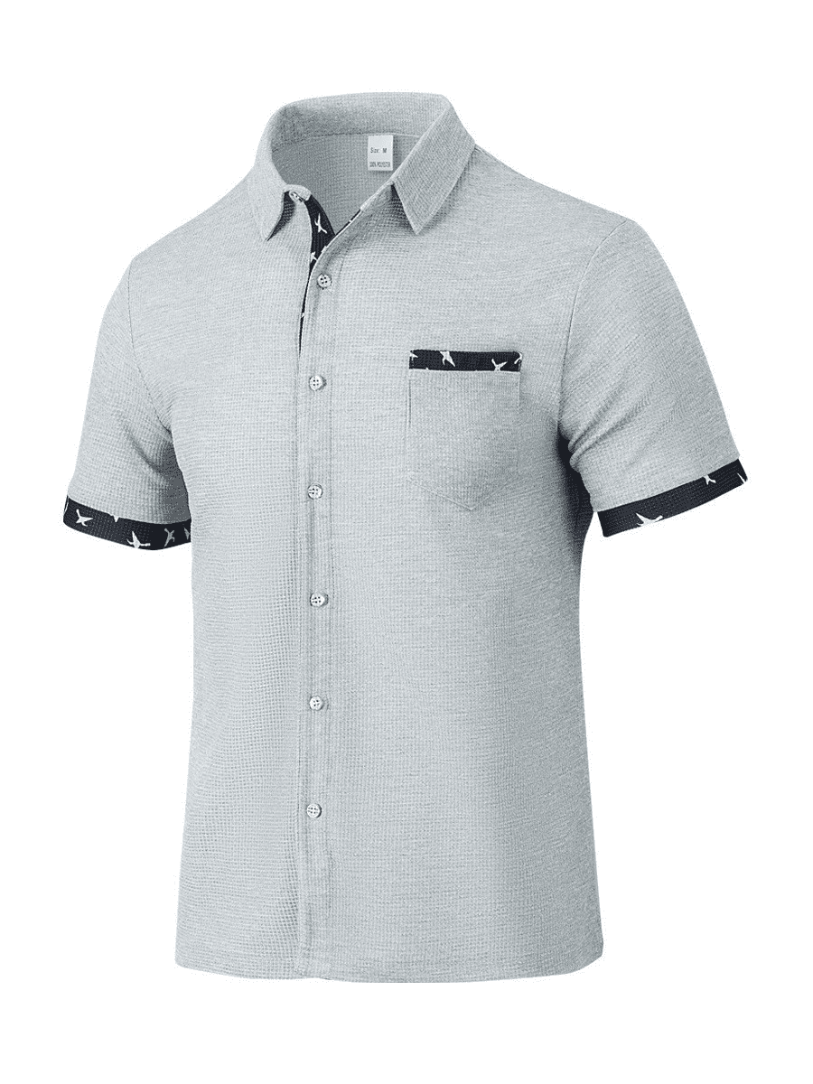 AZoiNM Men's Short Sleeve Waffle Knit Button Down Shirt, Casual Regular Fit Summer Beach Tops with Contrast Bird Print and Real Pocket