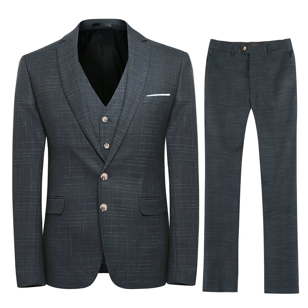 AZoiNM Men's Slim Fit 3-Piece Plaid Suit, 2-Button Notch Lapel Blazer Jacket Vest & Trousers, 4D Tailored All-Season Suit Set for Banquet Wedding