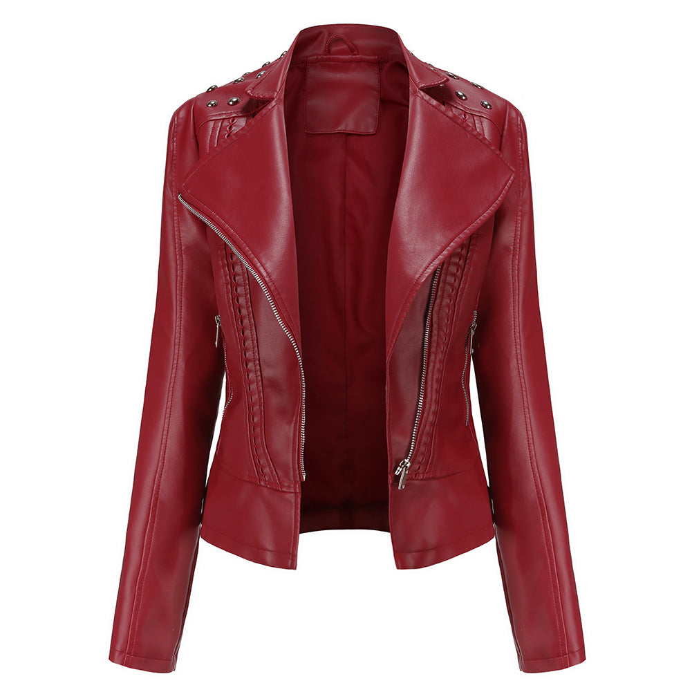 AZoiNM Women's Slim Fit Studded PU Leather Jacket Streetwear Zipper Front Long Sleeve