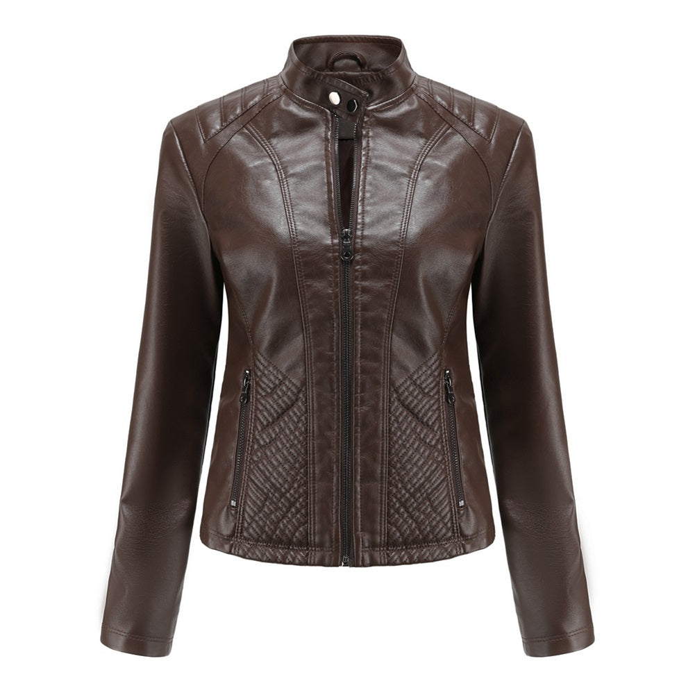 AZoiNM Women's Solid Textured PU Leather Jacket Stand Collar Casual Long Sleeve Coat