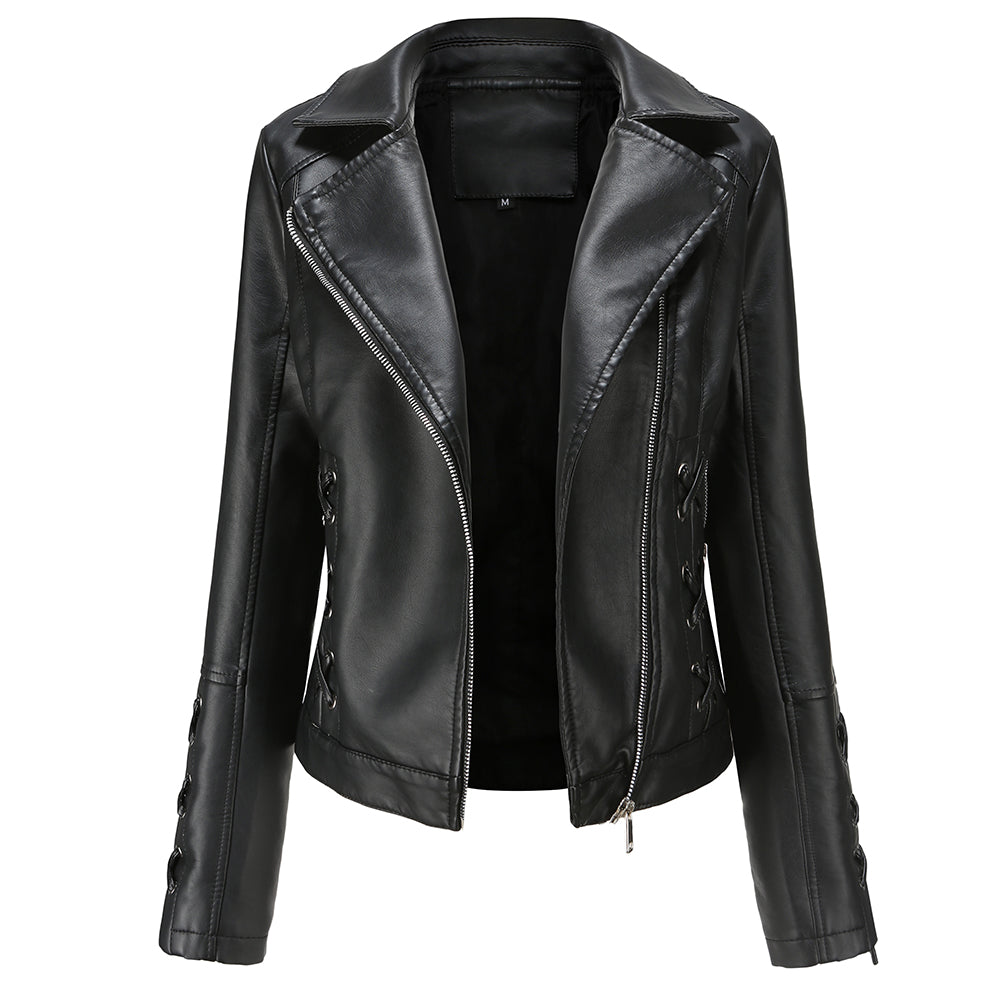 AZoiNM Women's Faux Leather Motorcycle Jacket, Lace-Up Side Zip Biker Coat, Cropped PU Leather Moto Jacket with Lapel, Long Sleeve Fall Outerwear