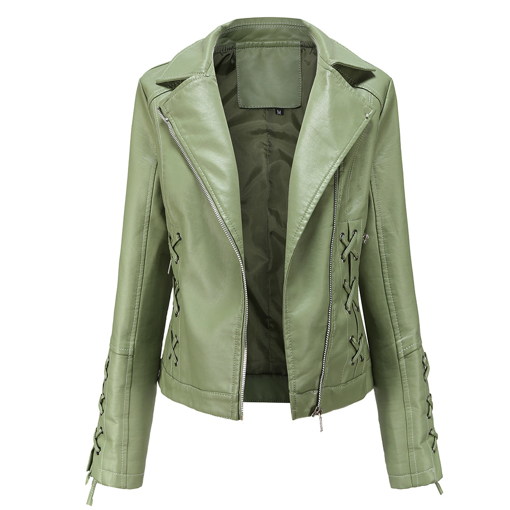AZoiNM Women's Faux Leather Motorcycle Jacket, Lace-Up Side Zip Biker Coat, Cropped PU Leather Moto Jacket with Lapel, Long Sleeve Fall Outerwear