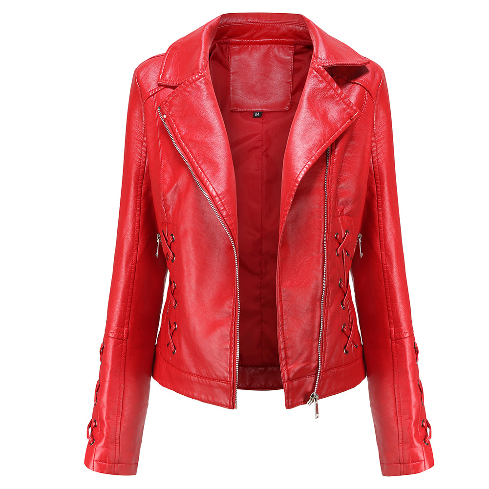 AZoiNM Women's Faux Leather Motorcycle Jacket, Lace-Up Side Zip Biker Coat, Cropped PU Leather Moto Jacket with Lapel, Long Sleeve Fall Outerwear